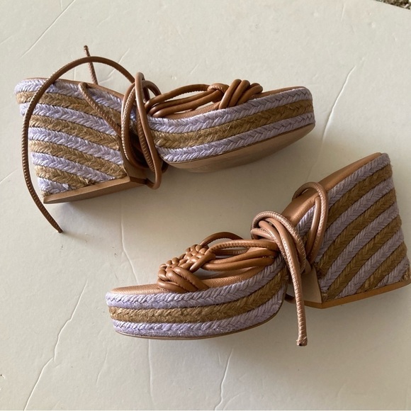 Anthropologie Raffia Platform Brown & Lavender Heeled Wedge Sandals Sz 41 - Picture 2 of 6